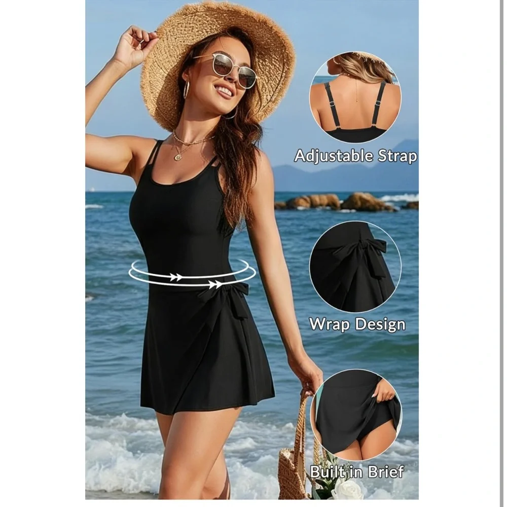 NWT Black Swim Dress Tummy Control Size Medium - Picture 3 of 5